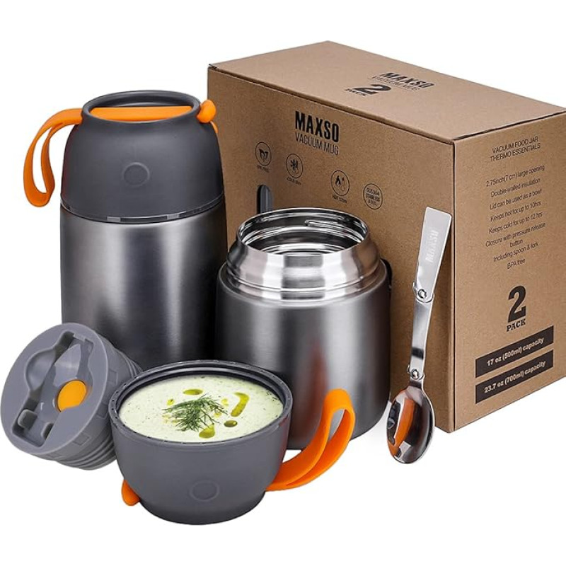 Thermal Container for on the go, 500 ml & 700 ml, Stainless Steel Warming Container with Foldable Spoon, for Food, Baby Food, Soup, Porridge, Yogurt, 2 Insulated Containers in a Set, Grey