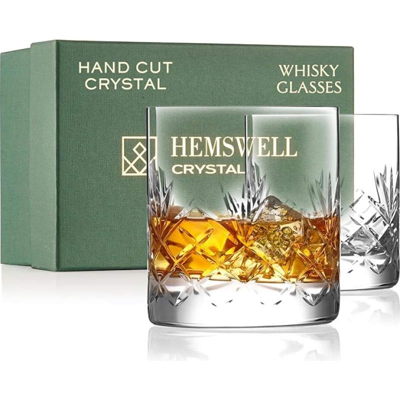 Hemswell Crystal Whisky Glasses Set of 2 - 310ml Old Fashioned Glasses, Whisky Tumbler - Traditional Cut Lead Free High Clear Crystal Whisky Tasting Glass - Satin Box (Glenrigg)