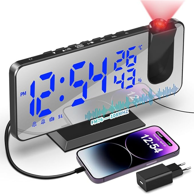 Projection Alarm Clock Radio Alarm Clock with USB Connection Digital Alarm Clock with Projection Dual Alarm 12/24H LED Display 180° Projector 4 Projection Brightness for Bedroom Office