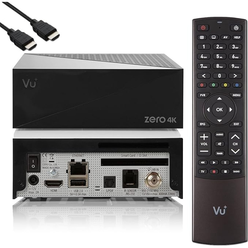 VU Zero 4K - UHD HDR Sat Receiver with 1x DVB-S2X Tuner, E2 Linux Smart Receiver, YouTube, CI + Card Reader, HbbTV Media Library, USB PVR Function + EasyMouse HDMI Cable