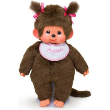 Sekiguchi 255530 - Original Monchhichi Mädchen, Plüschfigur mit weiß-pinkem Latz und Zöpfen mit Schleifen, ca. 45 cm großes Kuscheltier aus braunem Plüsch