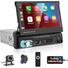 Single DIN Car Radio Carplay and Android Car, 7 Inch Manual Folding Touch Screen Car Radio Bluetooth Mirror Link for Android/iOS, FM, Radio, SWC, USB Aux + Rear View Camera