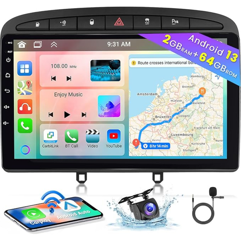 [8 Core 2+64GB] Android 13 Car Radio, Wireless CarPlay Android Car, for Peugeot 308/408 2007-2013 Radio, Screen 9 Inch, Bluetooth, Mirror Link, GPS WiFi DSP FM SWC USB