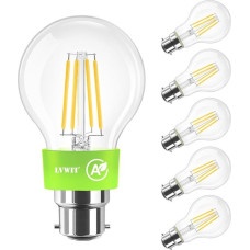 LVWIT 3.8 W B22 LED Filament Bulb A60, 2700 K Warm White, Ultra Bright 806 Lumen Bulb, Replacement 60 W, Rustic Bulb in Bulb Shape, Not Dimmable, Pack of 6, Energy Efficiency Class A