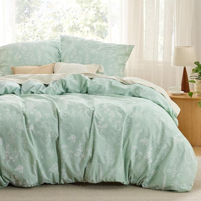 BEDSURE Patalynė 200 x 220 cm Medvilninis antklodės užvalkalas - patalynės komplektai 220 x 200 cm, 3 dalys su 2 pagalvių užvalkalais 80 x 80 cm, Oeko-Tex dvipusė patalynė Žalia gėlių raštas su užtrauktuku