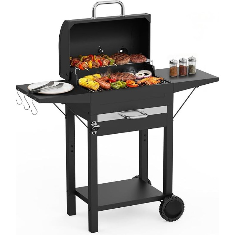 Medžio anglių kepsninė su dangčiu XL BBQ rūkykla su termometru Reguliuojamos grotelės Tvirtas stovas Grilis sodui, terasai, stovyklavietei Pilnas komplektas su dangčiu Pelenų stalčius