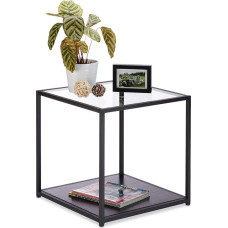 Relaxdays Side Table Glass + Wooden Shelf, Metal Frame, Robust, Square, Flat Coffee Table HBT 50 x 50 x 50 cm, Black