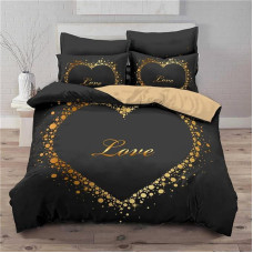 Freyamy 3D Aesthetic Bed Linen 220 x 240 cm 3-Piece Black Gold Heart Motif Love Modern Microfibre Children's Bed Linen Soft Comfortable Double Bed Duvet Cover with Zip and 2 Pillowcases 80 x 80 cm