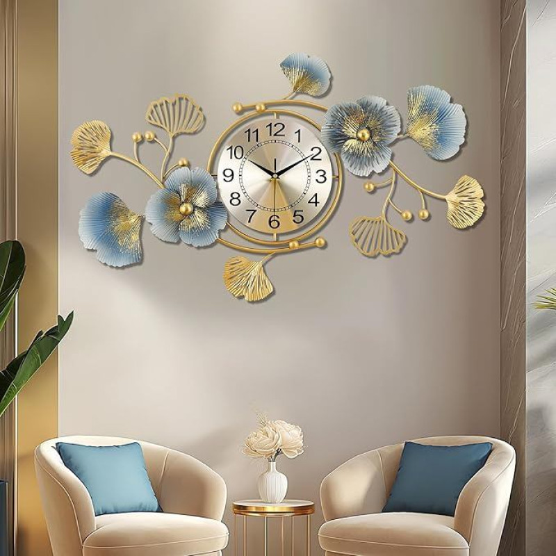 Lafocuse Didelis sieninis laikrodis Auksinis metalas 83 x 48 cm Tylusis sieninis laikrodis Šiuolaikinis kūrybiškas Ginkgo Biloba dekoravimas Be tiksėjimo Meno dekoracija Svetainės miegamasis Virtuvė