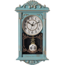 Clockswise Vintage Grandfather Wood Effect Plastikinis švytuoklė Dekoratyvinis baterija veikiantis sieninis laikrodis biurui, namų apdailai, svetainei, virtuvei ar valgomajam, mėlynas su aukso spalvos nusitrynusiu dizainu
