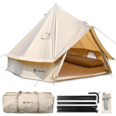 ShinHye Bell Tent 3 m / 4 m / 5 m Glamping palapinė 3-8 žmonėms Vandeniui atspari jurtos palapinė lauko kempingui Šeimos palapinė Džiovyklinės palapinės su viryklės įvorėmis (smėlio spalvos, 4 m - 13,1 pėdų)
