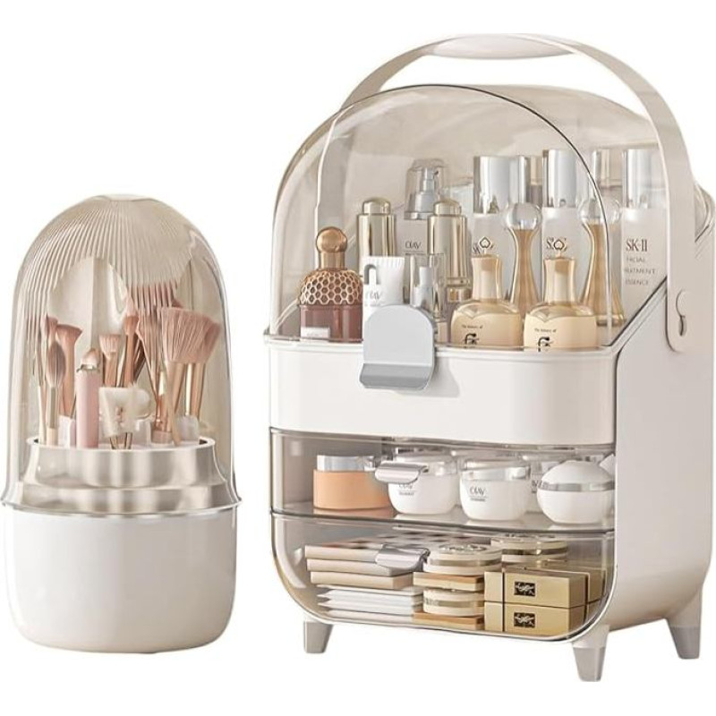 Mehrzweck-Make-up-Organizer mit drehbarem Pinselhalter, staubdichte Kosmetik-Aufbewahrungsbox für Hautpflegeprodukte, Schmuck, Parfums, Lippenstift für Schlafzimmer, Badezimmer, Arbeitsplatte (Weiß