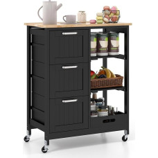 FANTASK serviravimo vežimėlis su ratukais, virtuvės vežimėlis su dėže, lentynomis ir 3 dideliais stalčiais, šoninis vežimėlis, pagamintas iš gumos medienos, 67 x 37 x 83,5 cm (juodas)