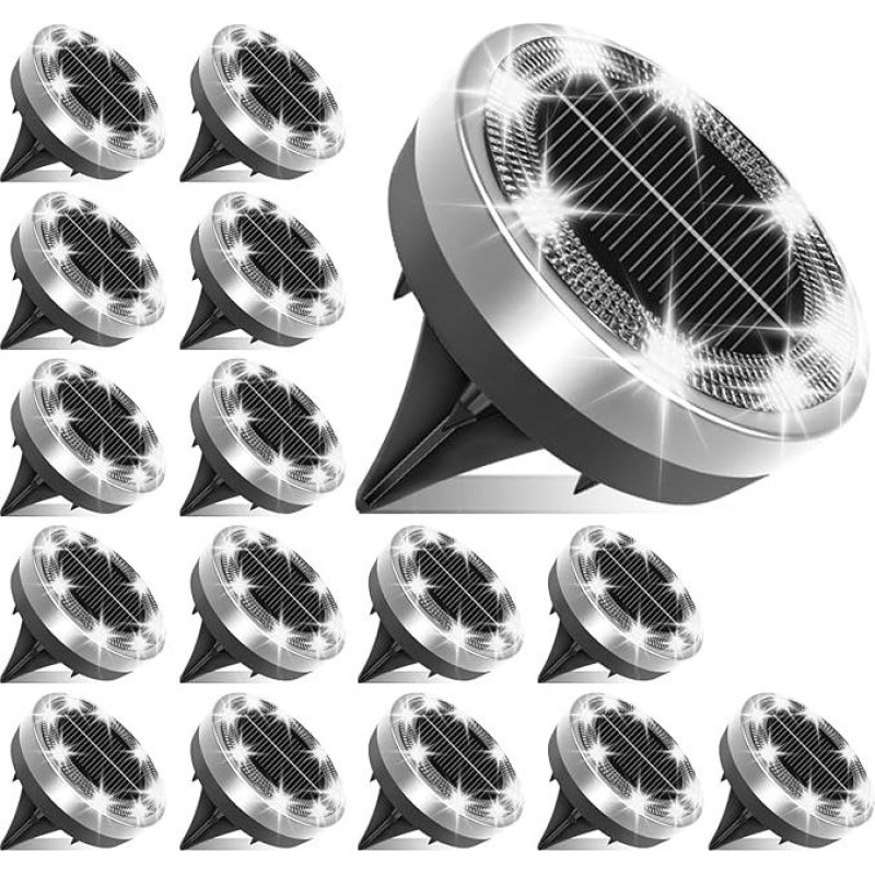 Nedideli saulės grindų žibintai lauke, 16 vnt. 8 LED saulės žibintų lauke, saulės žibintai lauke, LED saulės sodo žibintai, vėsiai balti, IP65 atsparūs vandeniui, nerūdijantis plienas, tinkami vejai