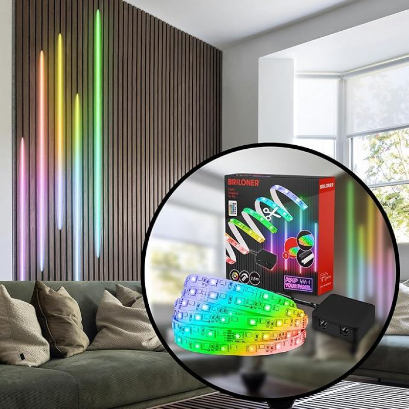 BRILONER - pradinis LED juostų rinkinys, RGB spalvotos šviesos spalvos, nuotolinio valdymo pultas, juosta, kambario apdaila, juosta, priedai, akustinės plokštės, šviesos juosta, 2,6 m, balta