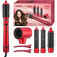 VGR 475 5-in-1 Hot Air Brush Multi Styler, 1500 W Ion Hair Dryer Brush with Automatic Curling Iron, Oval & Round Brush, Cool Shot, 3 Temperature & 2 Speed Levels, BLDC Motor, Red