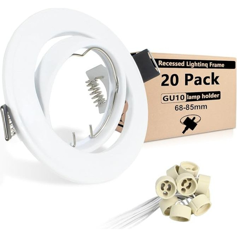 20 LED įleidžiami prožektoriai GU10 rėmelis 68-85 mm Lubų prožektoriai Pasukami 360° kampu LED prožektoriai 230 V balta matinė Apvalus montavimo rėmelis su GU10 lizdu