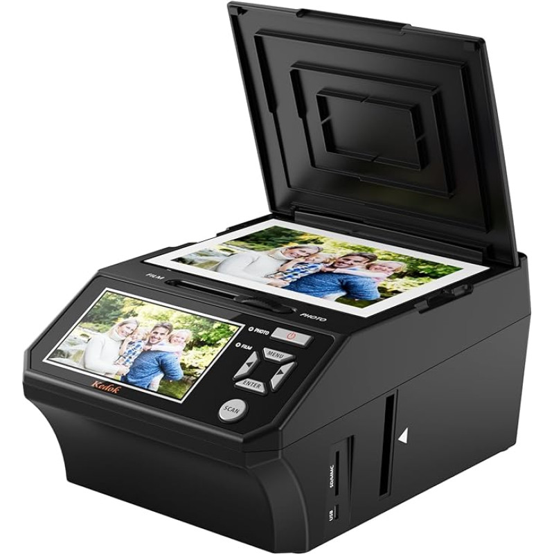 Skaitmeninis filmų ir skaidrių skaitytuvas su 5 colių LCD ekranu, konvertuoja 35 mm ir 110 mm filmus, nuotraukas ir vizitines korteles į 22 MP JPEG didelės raiškos 8 GB SD kortelę