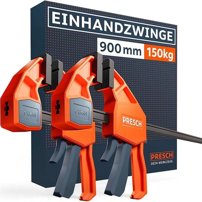 Presch vienrankiai spaustuvai 900 mm, 2 vnt., - 150 kg spaustuvinės jėgos spaustuvų rinkinys greitam tvirtinimui - tvirti greito atlaisvinimo spaustuvai dėl anglinio plieno ir stiklo pluoštu sutvirtinto korpuso - spaustuvai su išskleidimo funkcija