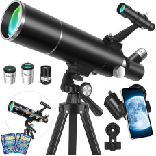 Suaugusiesiems skirtas profesionalus astronomijos teleskopas, 80/500 mm astronominis refraktoriaus teleskopas vaikams pradedantiesiems su trikoju, mobiliojo telefono adapteriu - idealiai tinka Mėnuliui, žvaigždėms ir kraštovaizdžiui stebėti