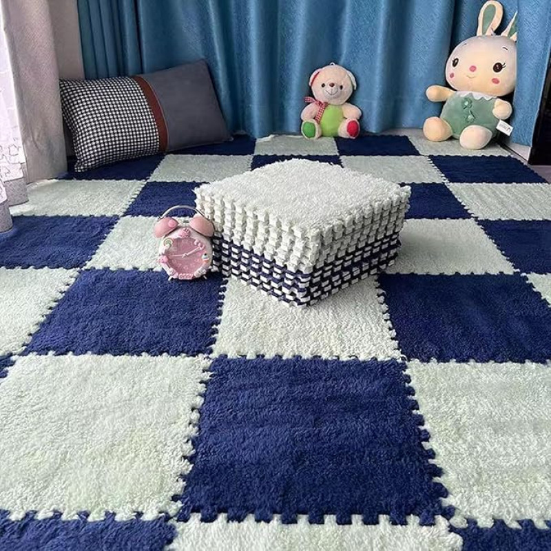 20 Stück 12x12x0,4 Zoll Verdicken Sie Schaumstoff-Bodenmatten aus Plüsch mit ineinander greifenden Teppichfliesen(Mint Green+Navy Blue)