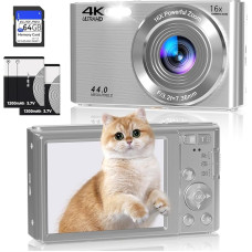 4K skaitmeninis fotoaparatas, 44 MP FHD fotokamera su automatiniu fokusavimu, 16x skaitmeninis priartinimas, nešiojamasis kompaktiškas fotoaparatas, 2,8 colių LCD ekranas, 64 GB kortelė ir 2 baterijos paaugliams, pradedantiesiems (sidabrinė)