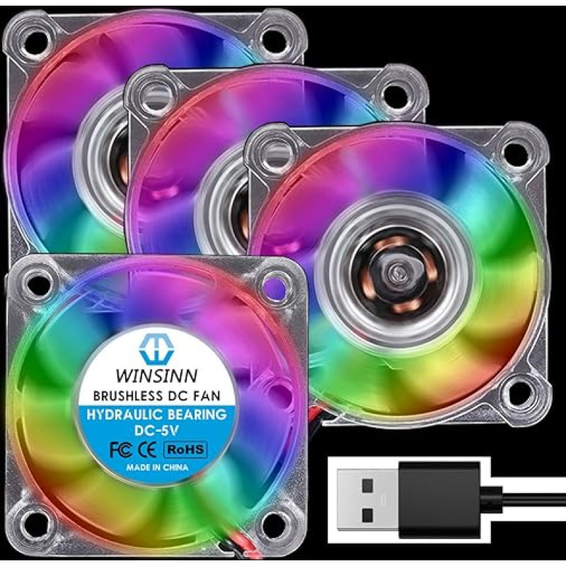 WINSINN 40 mm RGB USB ventiliatorius 5 V, LED spalvotas 3D spausdintuvo mikro 5 V ventiliatorius 4010 su hidrauliniu guoliu, bešepetėlinis aušinimas 40 mm x 10 mm 2 kaiščiai (4 vnt.)