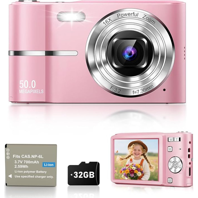 Skaitmeninis fotoaparatas 50 MP fotokamera 1080P vaizdo kamera su 16X skaitmeniniu priartinimu, 2,4 colių ekranas, mini kompaktiškas fotoaparatas vaikams ir paaugliams su 1 baterija, 32G kortele (rožinis)