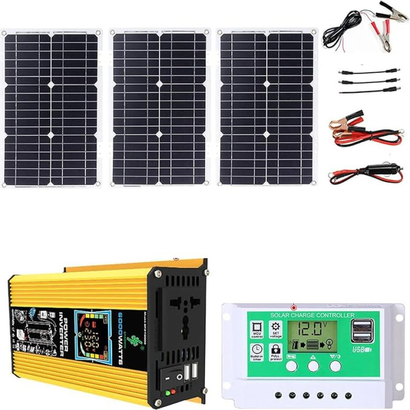 6000 W Off-Grid-Solarpanel-Kit mit wasserdichtem 75-W-Panel und 50-A-Controller for Camping/Wohnmobil/Außeneinsatz - Dual-Ports und Reiner Sinus-Wechselrichter(Unique Colour)
