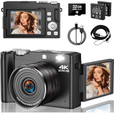 4K skaitmeninis fotoaparatas, 64MP UHD kompaktiškas fotoaparatas - 2,8 colio 180 laipsnių automatinio fokusavimo įkraunama vaizdo kamera su 32GB kortele ir 2 baterijomis, 18x skaitmeninis priartinimas vaikams pradedantiesiems paaugliams
