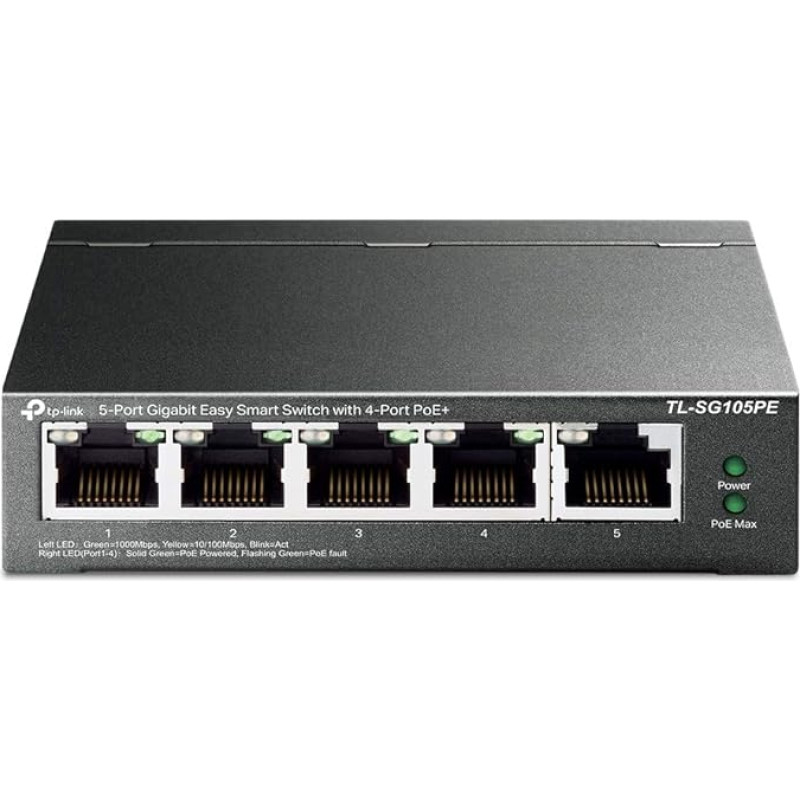 TP-Link TL-SG105PE 5 prievadų gigabitinio valdomo LAN PoE komutatorius su 4 PoE+ prievadais (65 W, IEEE-802.3af/at, paprastas konfigūravimas, IGMP, QoS, VLAN, be ventiliatoriaus, tvirtas metalinis korpusas), juodas