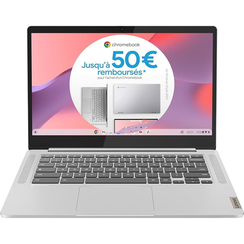 Lenovo IdeaPad Slim 3 Chromebook 14M868 Nešiojamasis kompiuteris 14 colių FHD (MediaTek Kompanio 520, RAM 8GB, SSD 128GB, Arm Mali-G52 2EE MC2 GPU, Chrome OS) Prancūziška AZERTY klaviatūra - pilka