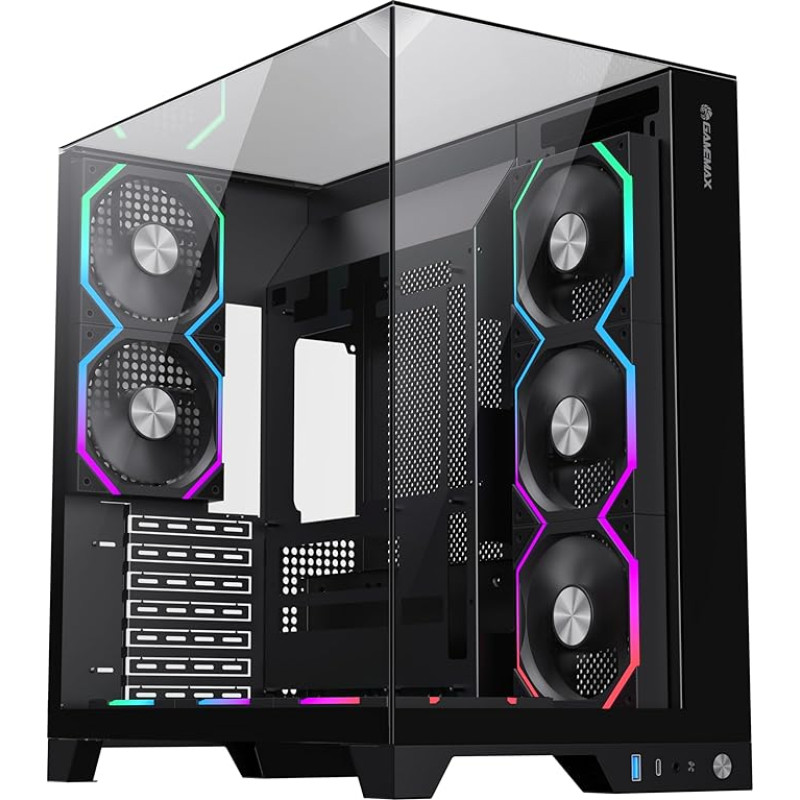 GAMEMAX Infinity PRO BK ATX kompiuterio korpusas, juodas, su grūdintu stiklu, 5X ARGB PWM ventiliatoriai, USB 3.0 ir C tipo, palaiko 