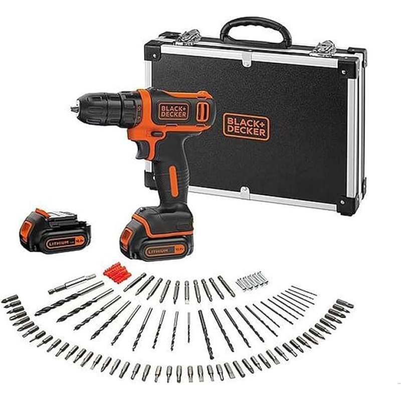BLACK & DECKER Perceuse visseuse sans fil 10,8 V, 2 akumuliatoriai, 100 priedų ir metalinis transportavimo dėklas