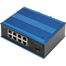 DIGITUS PoE tinklo komutatorius - 9 prievadų Gigabit Ethernet - 8X RJ45 + 1x SFP prievadas - nevaldomas - 10/100/1000 Mbps - DIN bėgeliai ir tvirtinimas prie sienos - IP40 - pramoninės serijos - mėlynas
