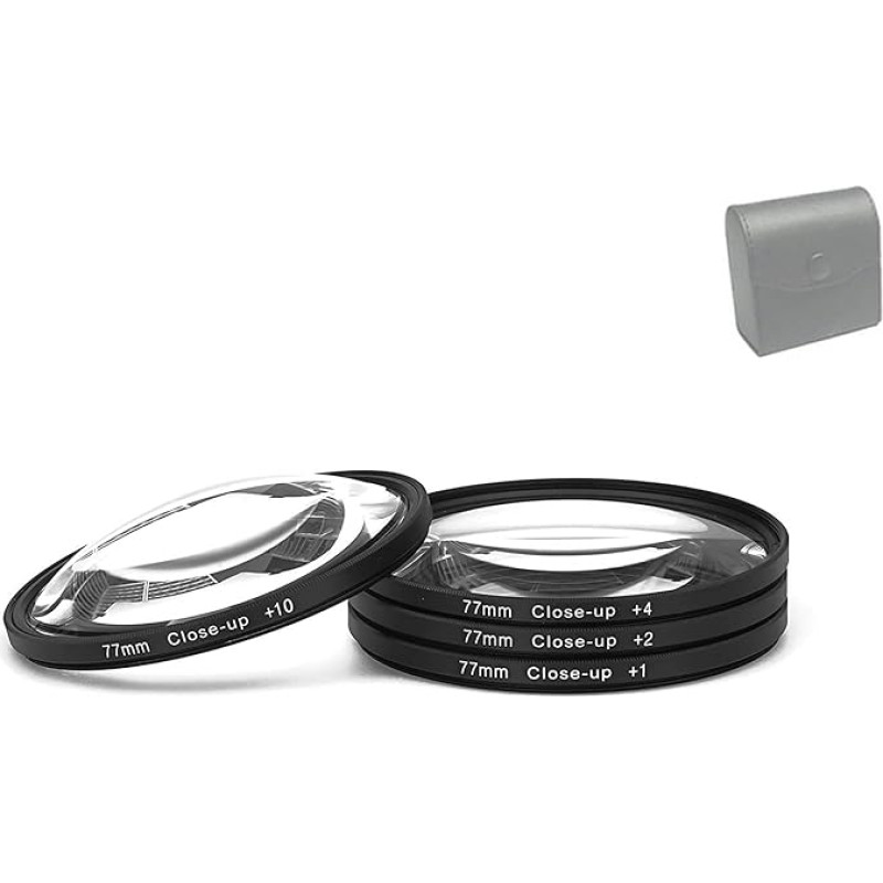 DSLR fotoaparato stambaus plano makroobjektyvo filtrų rinkinys (+ 1, + 2, + 4, + 10 didinimo) su laikymo krepšeliu (77 mm)