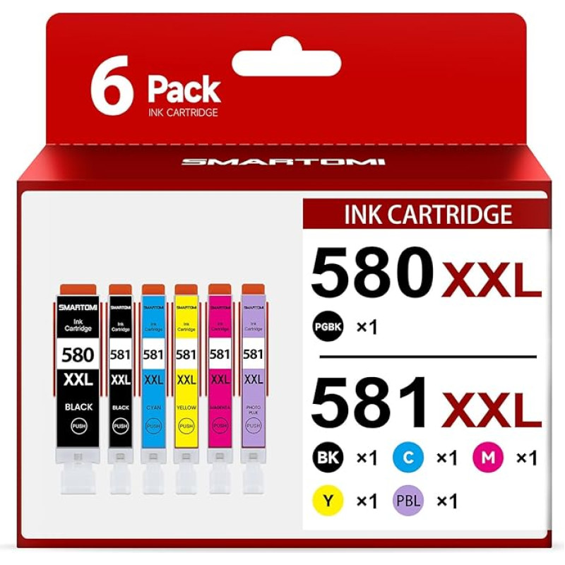 580 581 Spausdintuvo kasetės suderinamos su Canon PGI-580 XXL CLI-581 XXL, skirtos Pixma TS8150 TS8151 TS8152 TS8250 TS8251 TS8252 TS8350 TS8351 TS8352 TS9150 TS9150 TS9150 TS9155 5 (6 pakuotės, 6 su mėlyna nuotrauka)