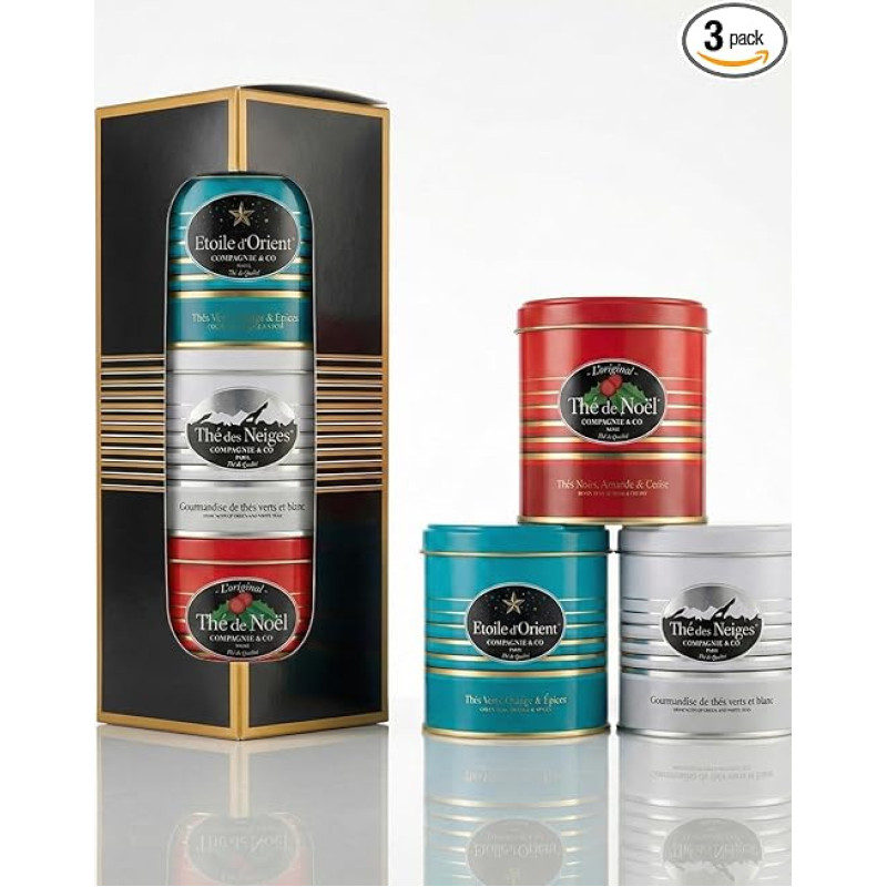 Elegantiškas arbatos dovanų rinkinys su Thé de Noël, Thé des Neiges, Étoile d'Orient. 3 x graži aromatinė skardinė su juodąja, žaliąja ir baltąja arbata. Kaip kalėdinė arbata, žiemos arbata ir prieskonių arbata.