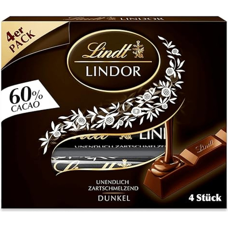 Lindt šokoladas | LINDOR lazdelės 60 % kakavos | 100 g | 4 šokolado lazdelės, pagamintos iš 60 % kakavos karčiojo šokolado su švelniu tirpstančiu įdaru | Šokolado lazdelės