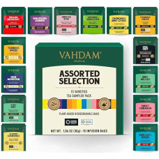 VAHDAM, arbatos įvairovė | 15 skonių | apdovanojimų pelnęs arbatos rinkinys | juodoji arbata, žalioji arbata, Oolong arbata, Chai arbata, žolelių arbata | ilgų lapų piramidės formos arbatos maišeliai | geriausiai parduodamas arbatos dovanų rinkinys ir dov