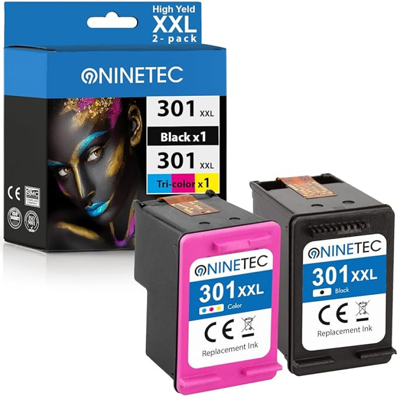 NINETEC 301 XL juodos ir spalvotos rašalo kasetės, skirtos HP 301 rašalo kasetei, pakeičiančios HP 301XL rašalo kasetę, skirtą 