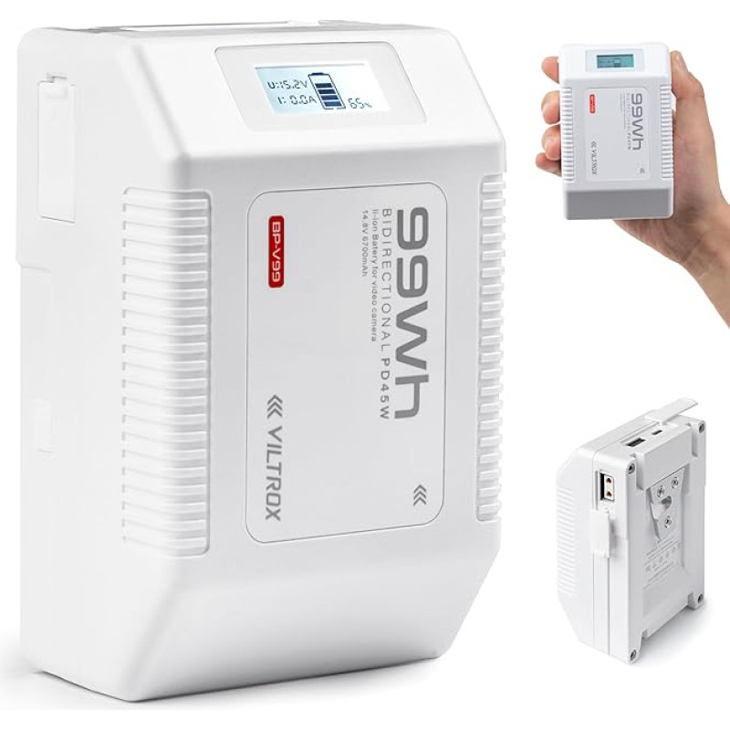 VILTROX V-Mount akumuliatorius 6700mAh 99Wh 14.8V, V-Lock akumuliatorius palaiko PD USB-C greitąjį įkroviklį, su D-TAP Type-A Type-C OLED ekranu, skirtas ličio jonų akumuliatoriui fotoaparatui, DSLR, vaizdo kamerai, monitoriui, šviesai
