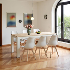 Valgomojo stalas su 6 kėdėmis, valgomojo grupė, valgomojo kėdės ir stačiakampio formos virtuvės stalo valgomojo komplektas svetainei, virtuvei, biurui (160 cm ąžuolo ir baltos spalvos stalo koja + 6 baltos spalvos kėdės)