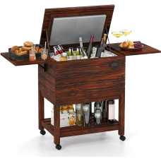 FANTASK medinis aušinimo vežimėlis, serviravimo vežimėlis, gėrimų vežimėlis su butelių atidarytuvu ir 2 šoninėmis lentynomis bei apatine lentyna, gėrimų aušintuvas, šoninis vežimėlis, šaldymo dėžė, gėrimų aušintuvas, ledų vežimėlis vakarėliui