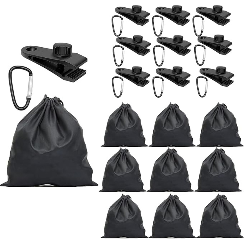 Nešiojamas svorių krepšys, brezento įtempiklis, brezento spaustukai, 10 brezento priedų, 10 smėlio maišų ir 10 spaustukų palapinėms, užuolaidoms, staltiesėms, tentams tvirtinti