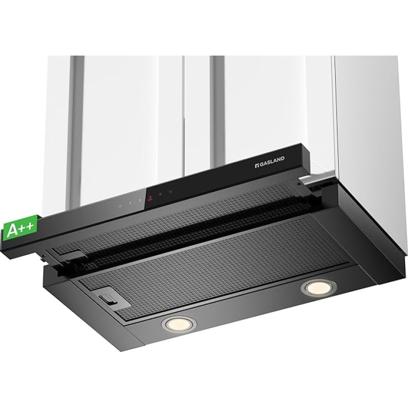 GASLAND BR60BS A++ Gartraukis 60 cm pločio konvekcinis stiklinis priekinis su jutikliniu jutikliu ir plokščiu ekranu 566 m³/h su CF176 aktyviosios anglies filtru, integruotas plokščias tyliai veikiantis ištraukiamasis gaubtas, juodas