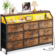 ODK komoda su stalčiais, stalčių spintelė su 2 kištukiniais lizdais, 2 USB prievadais ir spalvą keičiančia LED šviesos juosta, su 9 medžiaginiais stalčiais, tinka miegamajam, svetainei, senovinė spalva