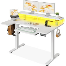 OffiGo U-Shaped Height Adjustable Desk, 120 cm Electric Standing Seat Table with Monitor Stand, Sockets & USB Charging Port, Standing Desk with LED, Gaming & Office Computer Desk, White