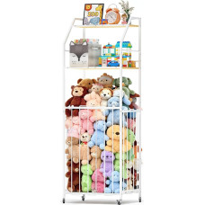 Cuddly Toy Storage, 3-Tier Toy Storage with Brake Wheel, Large Plush Toy Storage of Wood and Metal, Space-Saving, for Children's Room, Bedroom, Baby Room (57.9 Inches)