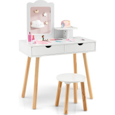 DREAMADE Vaikų tualetinis staliukas su taburete ir nuimamu veidrodžiu, princesės tualetinis staliukas su stalčiumi, medinis kosmetinis staliukas, vaikų makiažo staliukas vaikams mergaitėms (baltas)